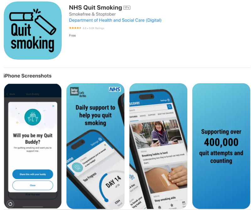 iPhone screenshots of the NHS quit smoking app. Daily support to help you quit smoking. Supporting over 400,000 quit attempts and counting. 